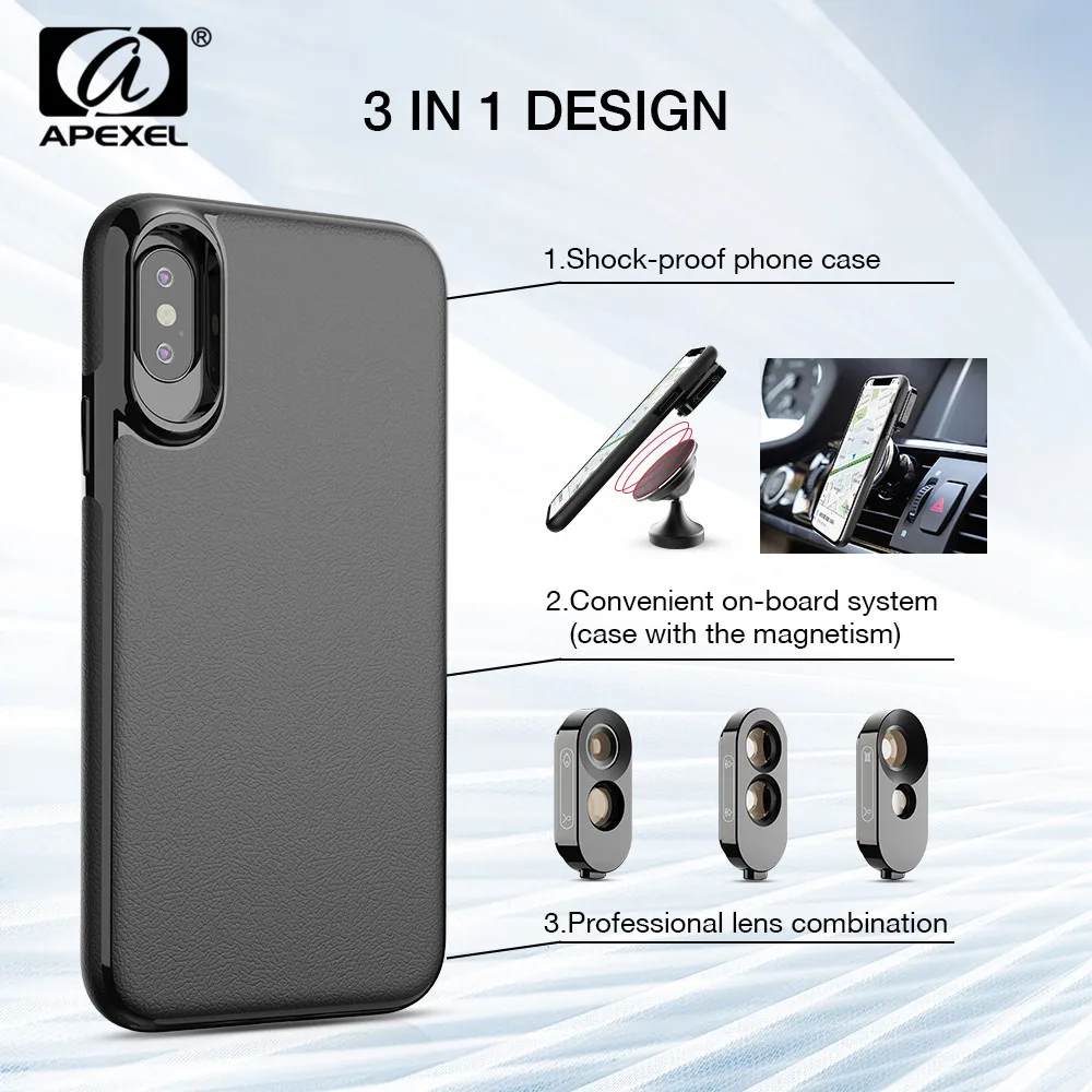 

APEXEL Highest Quality 3 in 1 Fisheye Lens Kit Wide Angle Telephoto Dual Macro Lens With PU Leather Case For iPhone X,XS,XS Max