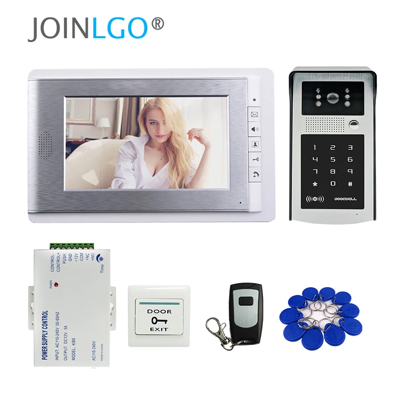 FREE SHIPPING New 7\ LCD Video Intercom Door Phone System 1 Screen + Outdoor RFID Code Keypad Doorbell Camera + Remote + Power