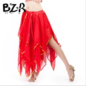 

Bazzery Belly Dance Costumes chiffon gold trim 16 leafs blade 2-sides split long skirt for dance professional dancewear