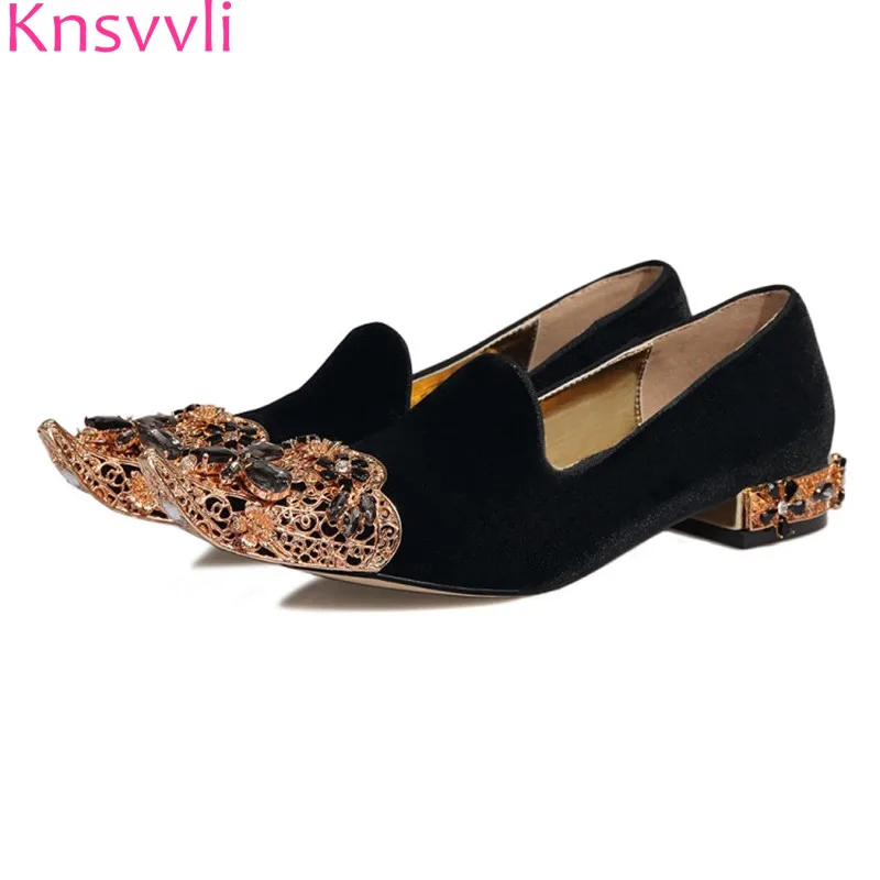 

Knsvvli Metal Studded Crystal Shoes Women Luxury Pointy Toe Comfort Flat Shoes Ladies Rhinestone Heel Slip On Velvet Shoes Woman