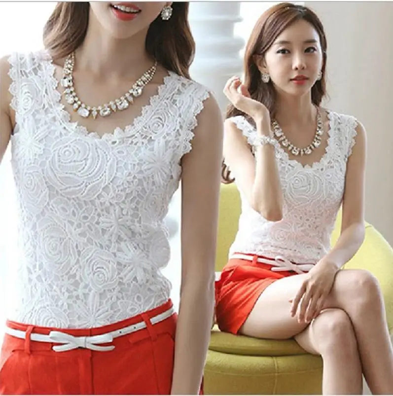 Lace Flower Patterned Women Sleeveless Blouses Summer Shirt Casual  3XL Loose Tops Blusas