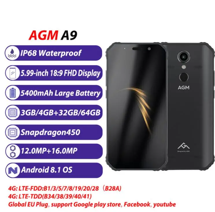 AGM A9 4 GB 64 5 99 &quot18:9 полный Экран Snapdragon SDM450 Восьмиядерный 16MP + 12MP Камера NFC OTG 5400 mAh IP68