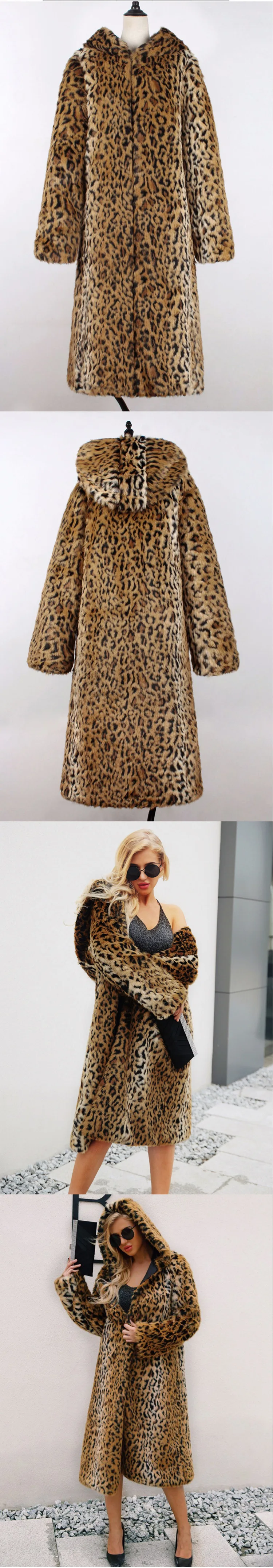 Women Leopard Jackets With Hooded Large Size S/6XL Female Elegant Fake Fur Overcoats S/6Xl Pretty Leopard Print Jacket D427