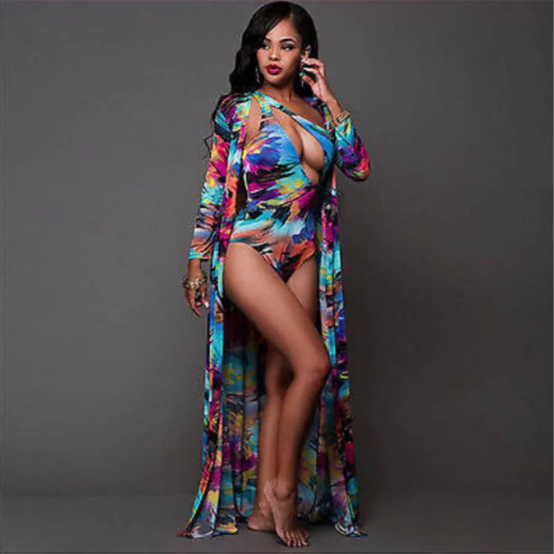 2017 Women Ink printing Padded Bikini Swimwear Bathing New Design One Cloak+Swimsuit Maillot De Bain Femme Piece Cover Up |