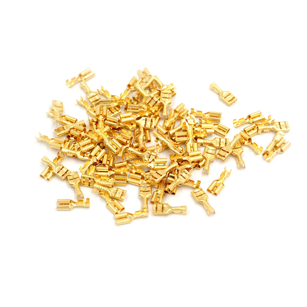 100pcs 6.3mm Gold Brass Car Speaker Electric Wire Connectors Set Female Crimp Terminal Connector