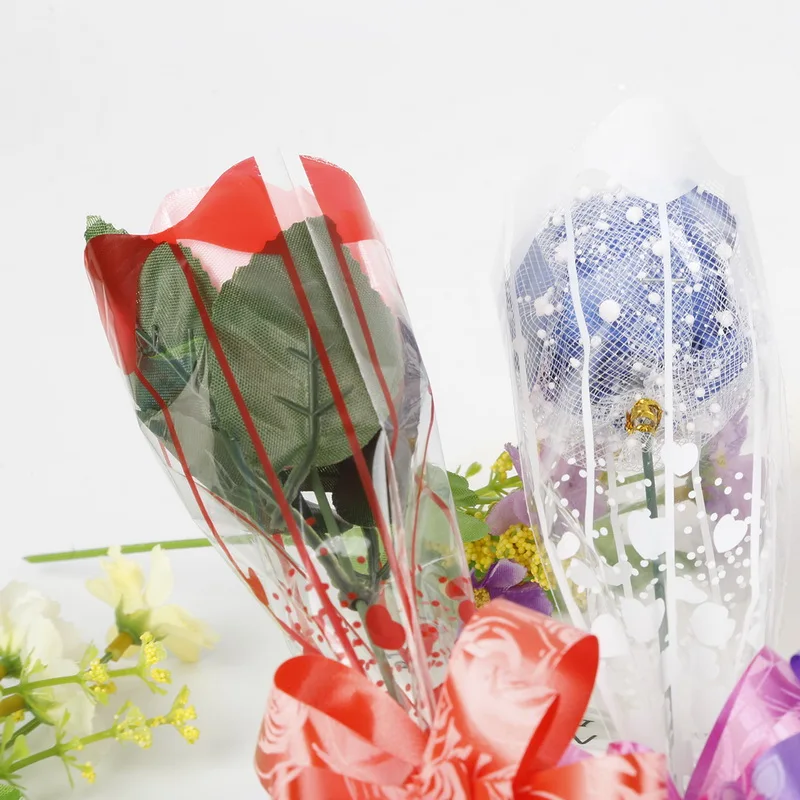 100pcs/lot 9*34cm Gift Packaging Transparent Poly Bag Colorful Heart Pattern Cellophane Bag for Rose Bouquet Flower Packaging