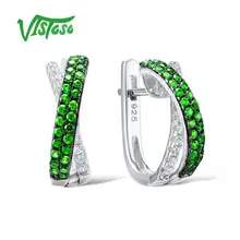 VISTOSO 925 Round Green Spinel Sterling Silver Stud Earrings Jewelry Round White Cubic Zircon Luxury Ear