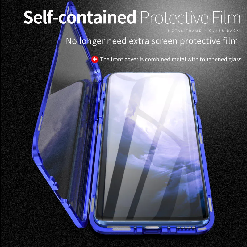 

Luxury Magnetic Metal Glass Case For Oneplus 7 Pro Metal Bumper Transparent Glass 360 Full Cover For Oneplus 7 Flip Case Coque
