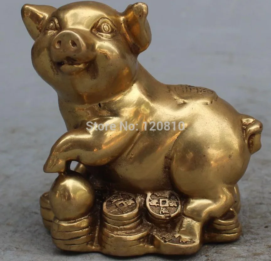 

4"Marked Chinese Bronze Brass Wealth Money YuanBao Zodiac Year Animal Pig Statue