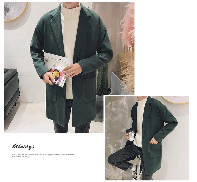 Autumn Winter Warm Fashion Loose Casual Wool Blend Mens Coat Korean Style Solid Color Man Jacket Pockets Korean Male Coat