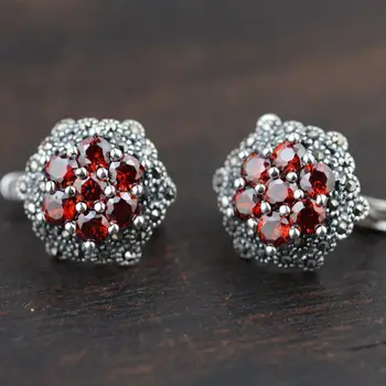 

[silver] silver deer king S925 wholesale silver inlaid garnet antique style female buckle ear