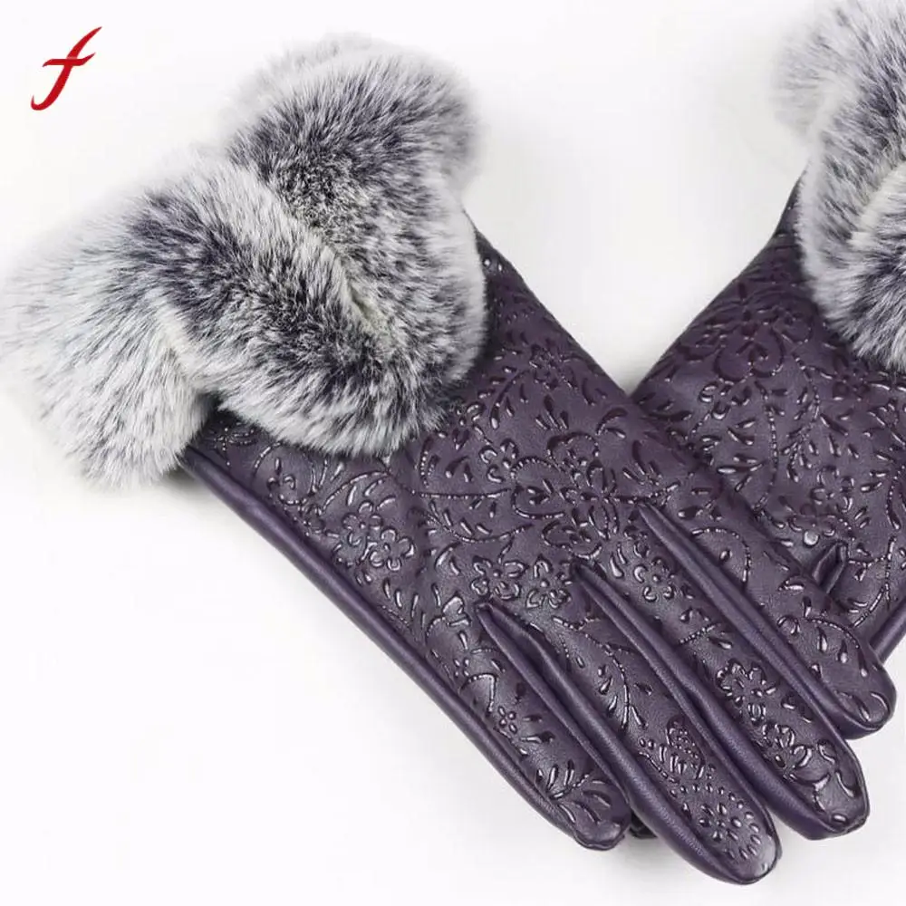 Осенне-зимние теплые варежки с кроличьим мехом, перчатки для женщин, женские черные перчатки из искусственной кожи, полный палец, перчатки для девочек, Guantes