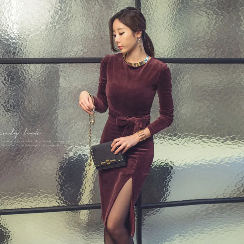 

Autumn Women Office Velvet Black Purple Dress Party Sexy Vintage Bodycon Office Plus Size Vestidos fashion Slim bandage Dresses
