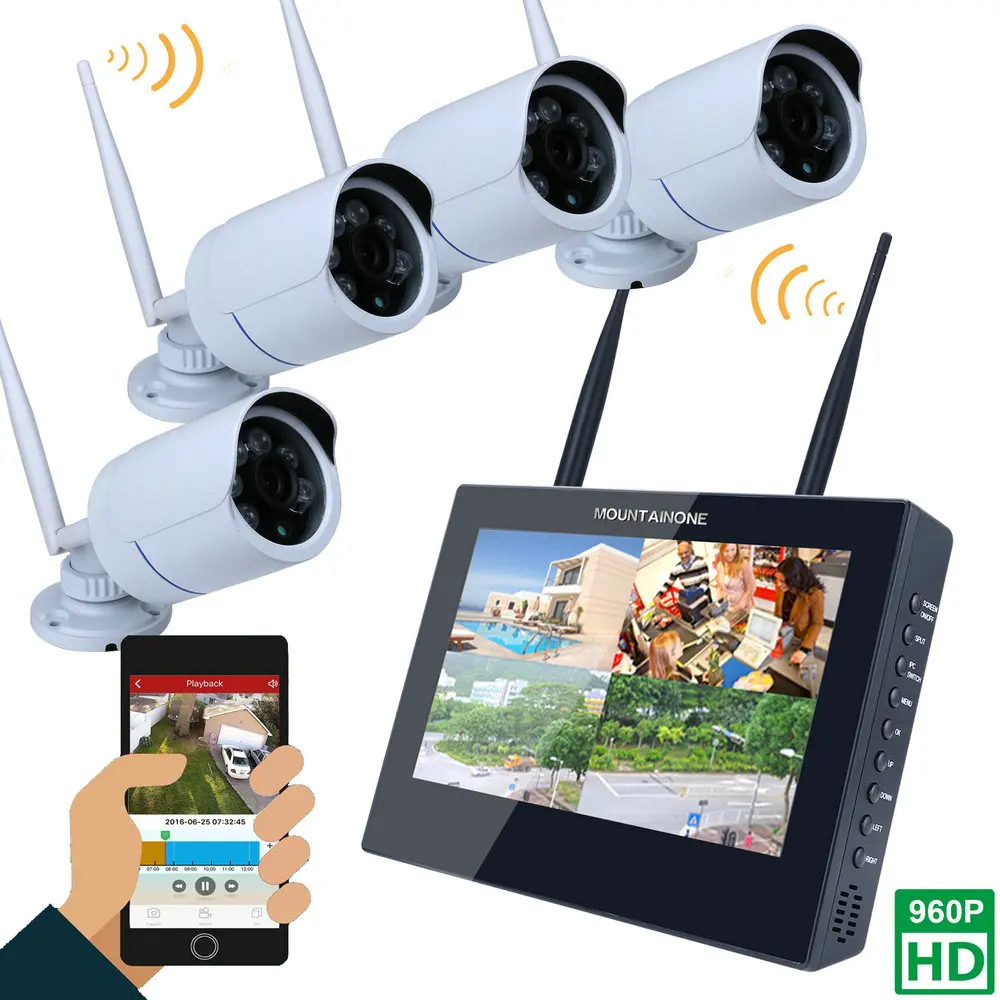 

10" TFT 4CH 960P HD Wireless DVR Video Security System NVR Kits 1.3MP Wireless Weatherproof Bullet IP Cameras Night Vision New