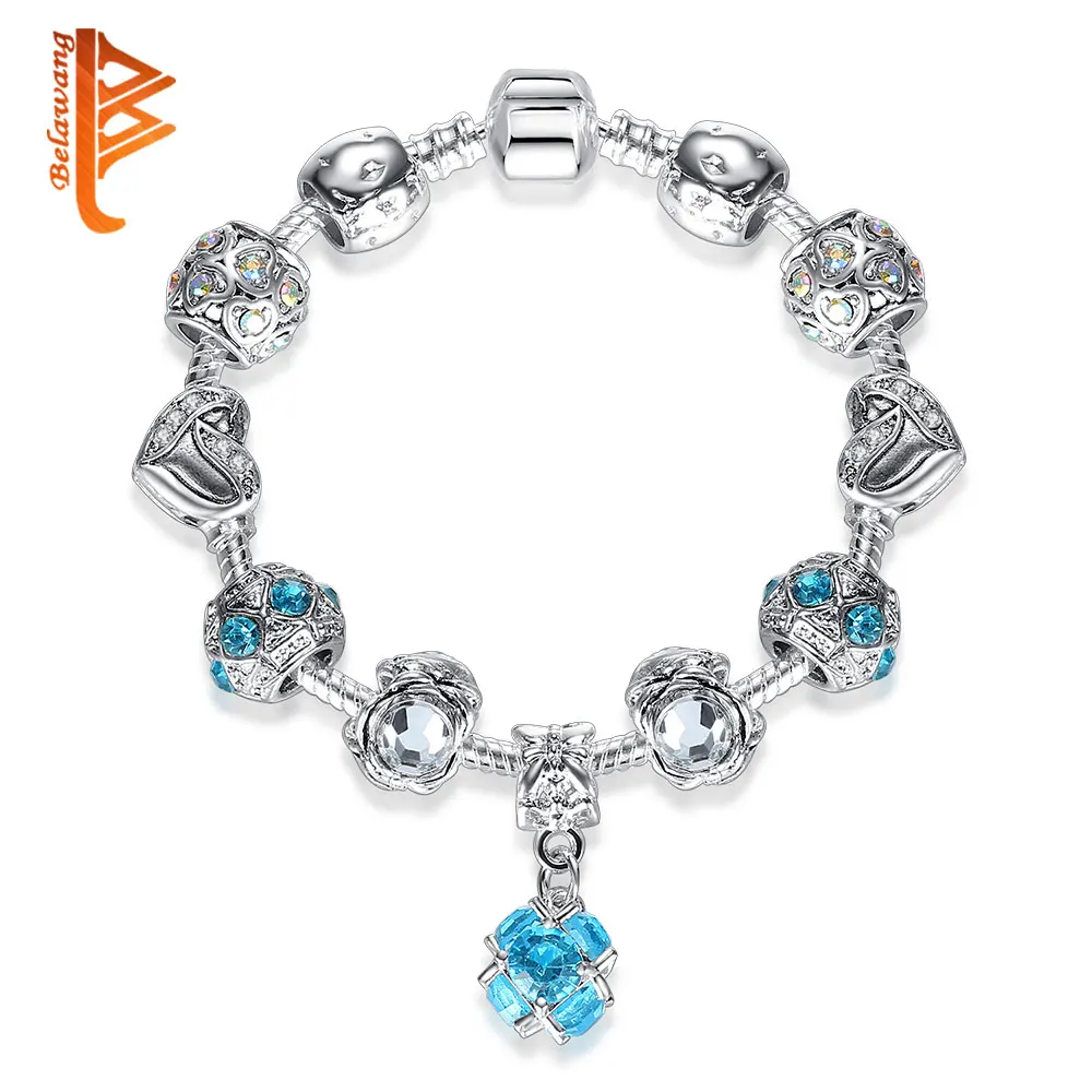 

BELAWANG Vintage Silver Crystal Charms Bracelet Exquisite Heart Flower Murano Beads Bracelet for Women Birthday Present