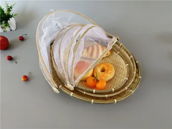 

Bamboo Woven Bug Proof Wicker Basket Dustproof Picnic Fruit Tray Food Bread Dishes Cover With Gauze Panier Osier