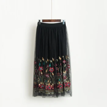 

2020 Spring Summer fashion flower embroidery high waist long mesh skirts women stretchy elastic waist mesh lace skirts women