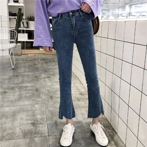 Navy Blue Женские джинсы с высокой талией, повседневные расклешенные брюки до щиколотки, тонкие повседневные джинсы, весна-лето, джинсы бойфренды - Цвет: Navy Blue