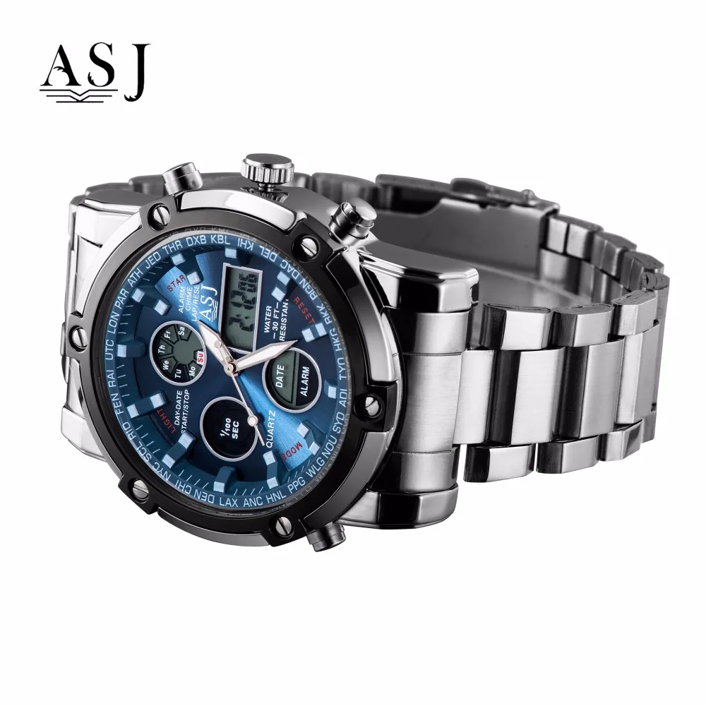 ASJ новый двойной дисплей Multi function QuartzElectronic стальные часы спортивные водостойкие