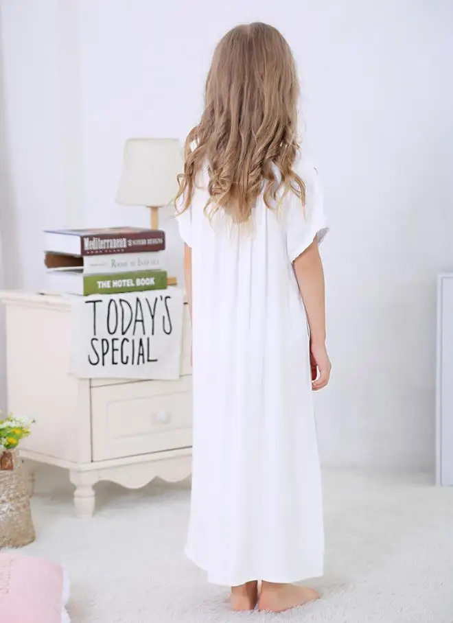Хлопковая ночная рубашка с короткими рукавами для маленьких девочек; белая свободная детская ночная рубашка с круглым вырезом; королевская Пижама принцессы; детские пижамы; Y318