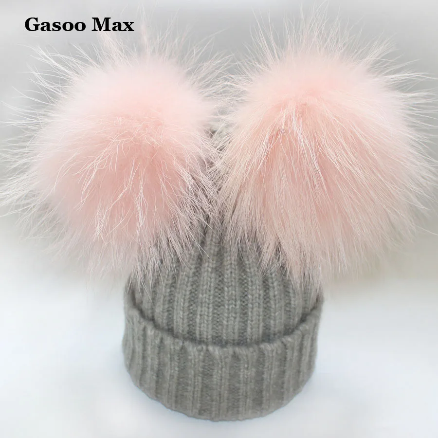 Women Knitted Skull Cap Candies Color Pompom Hat Winter Wool Cotton Hats Two Pompoms Cap