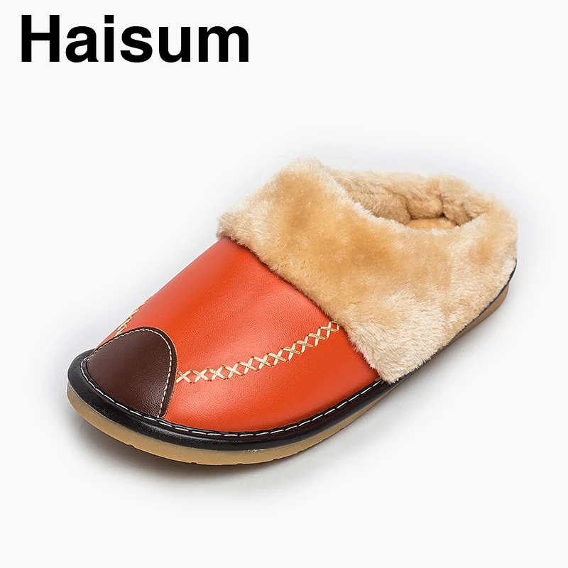 

Ladies Slippers Winter Pu Leather Thick With Plush Home Indoor Non-slip Thermal Slippers 2018 New Hot Sale Haisum H-8835