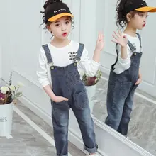 Весенне-осенние штаны с карманами для девочек брюки на подтяжках модные комбинезоны джинсовые брюки одноцветные детские комбинезоны