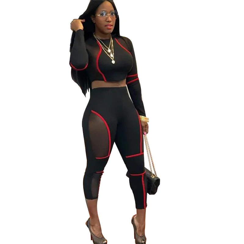 

Summer Autumn Women's Perspective Set High-elastic Knit Casual Sports Two-piece Set Tops + Pants Unique Design sexy set