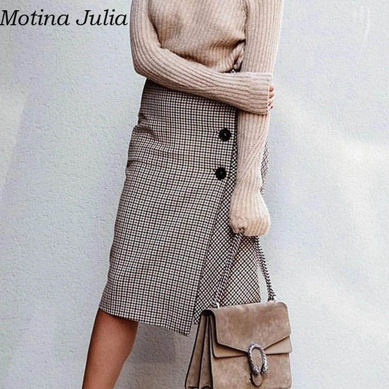 

Motina Julia Elegant button plaid pencil skirts womens Autumn long high waist skirt female bottom Winter casual cool skirt