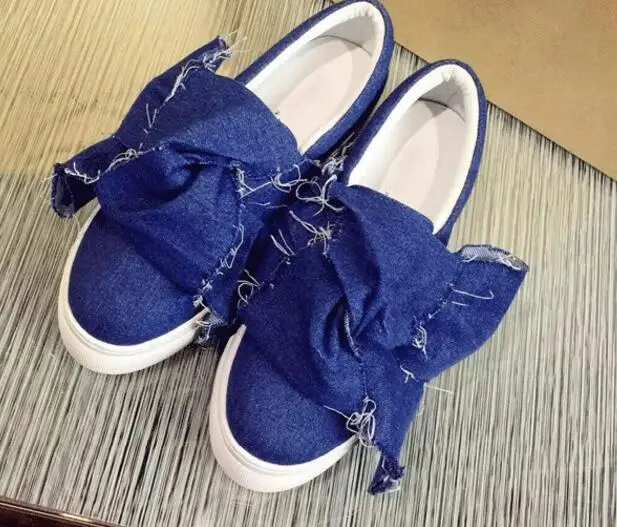 

Hot selling butterfly-knot woman casual shoes 2017 fashion denim blue slip-on flat shoes woman comfortable loafers