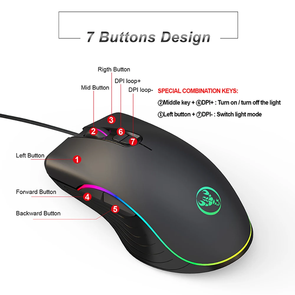 VicTsing XR261 Gaming Mouse Wired 7 Programmable Button RGB LED Light Backlit Mouse Ergonomic DPI Adjustable Mice For PC Gamer (8)