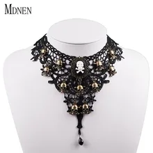 MDNEN винтажное Золотое колье-чокер с черной розой и кружевным черепом готическое большое ожерелье s Calavera голова смерти череп воротник Checker ювелирные изделия
