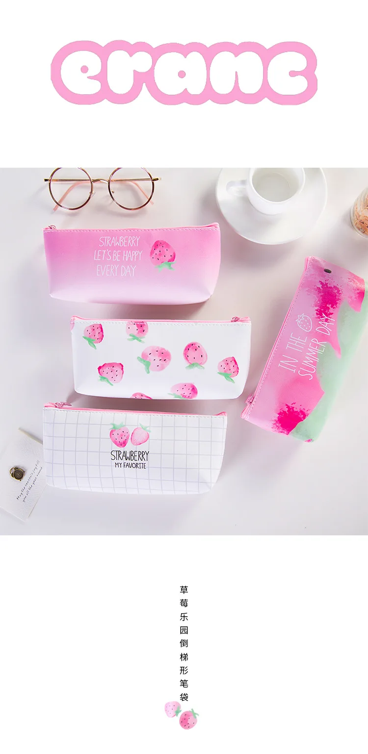 Presente de Couro Caixa de Lápis de Kawaii Morango dos Desenhos Caixa de Lápis Bolsa do Lápis Escola Estuches Animados Pencilcase Material Escolar 20 Pcs 6 Desenhos Animados Caixa de Lápis Saco do