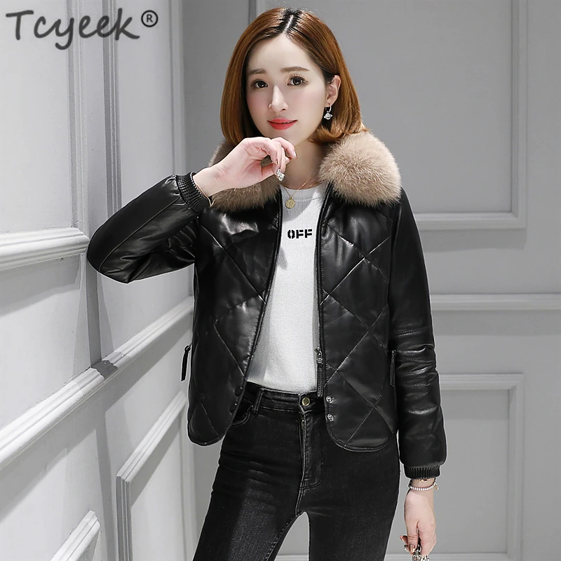 

Tcyeek Genuine Leather Coat Women Real Sheepskin Coat Female Winter Short Down Jacket Fox Fur Collar Outwear Jackets LWL1093