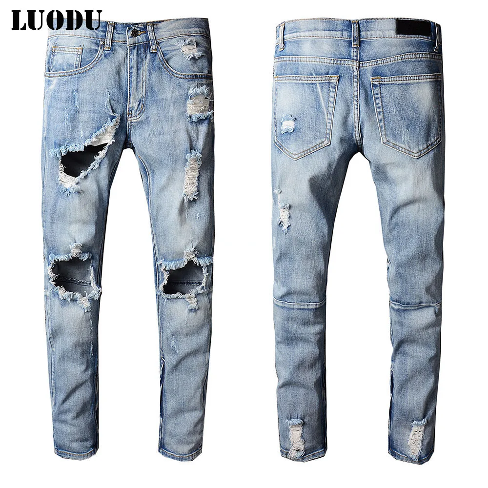 New Italy Style #212# Mens Distressed Knee Hollow Out Pants Blue ...
