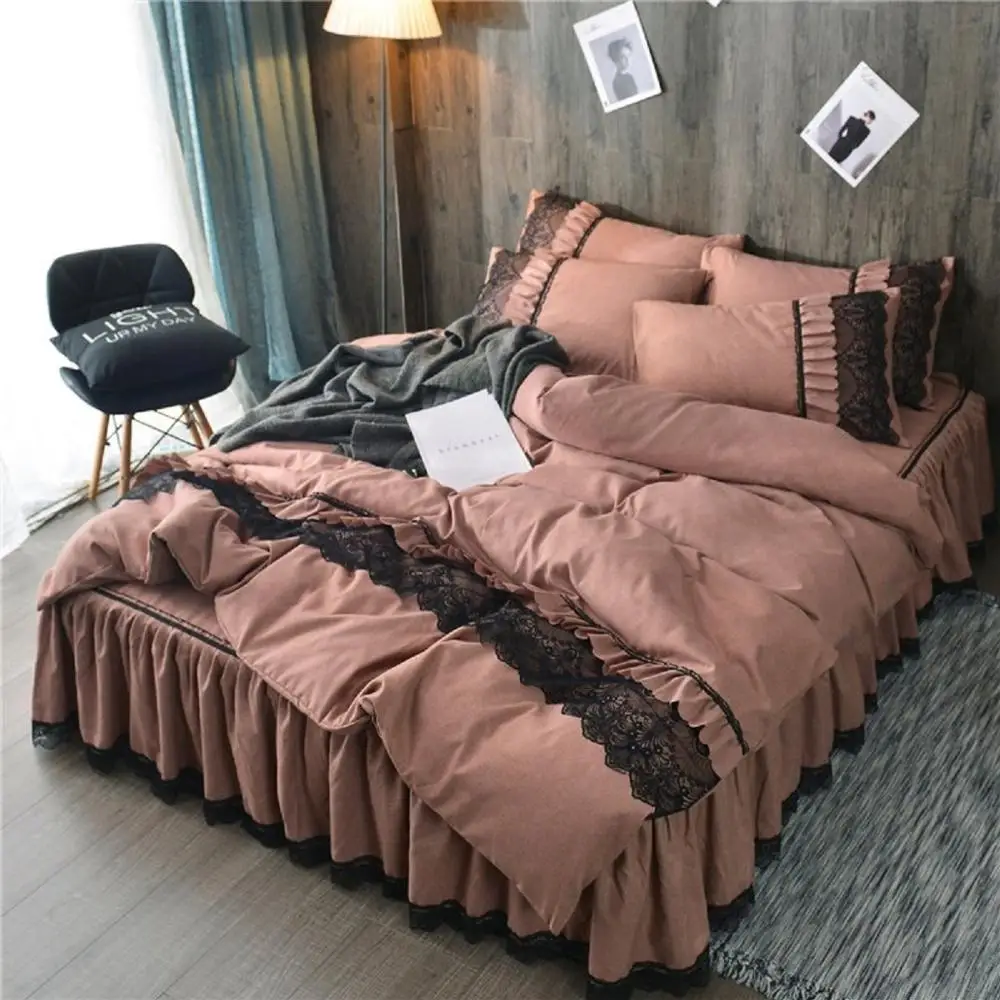 cheap Princess Style 4pcs Bed Set Duvet Cover Bed Skirt Pillowcases Lace Caramel Brown Blue Purple Grey Queen King