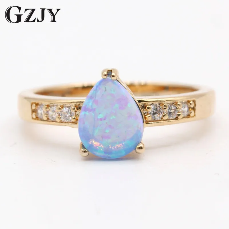 GZJY New Fashion Ring Teardrop Blue Fire Opal Zircon Gold Color Ring For Women Trendy Engagement