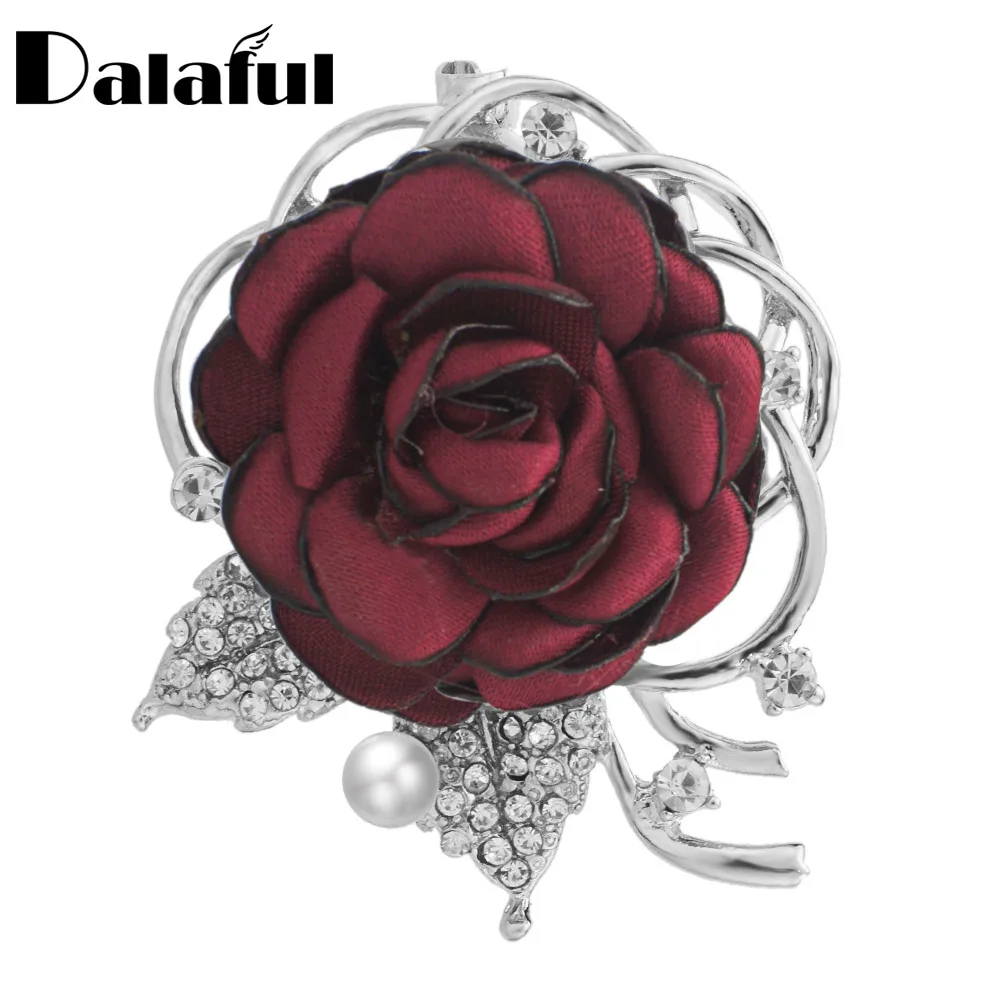 

Dalaful Fabric Flower BroochesSimulated Pearl Leaves Crystal for Suits Lapel Scarf Exquisite Brooch Pin For Women Z080