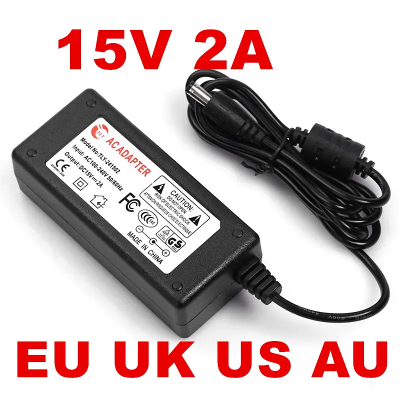 1 шт. 15V2A адаптер конвертер DC 15 в 2A 2000 мА Источник питания AC 100 В-240 В 5,5 мм x 2,1 мм для Светодиодный CCTV AU EU US UK Plug