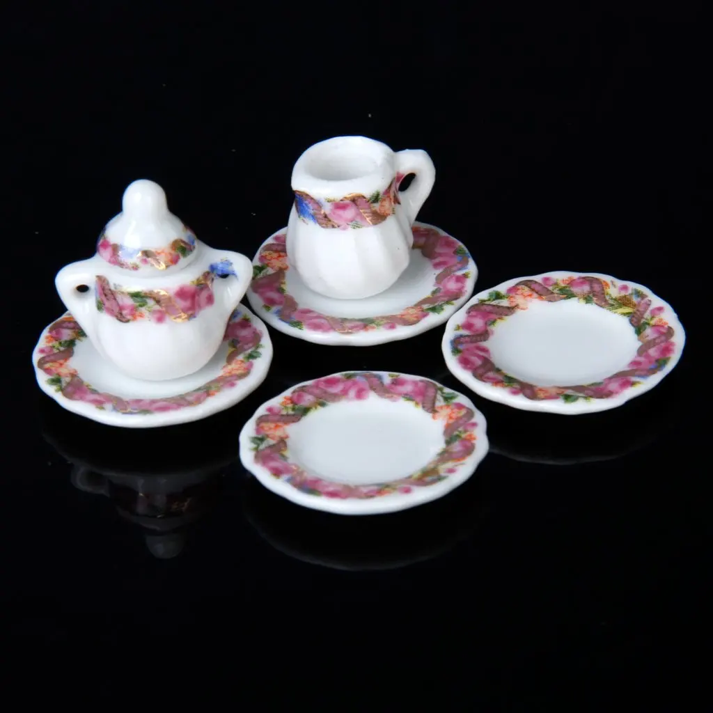 15 шт кукольный дом Миниатюрный фарфоровый чайный сервиз блюдо+ чашка+ тарелка-Красочный цветочный принт