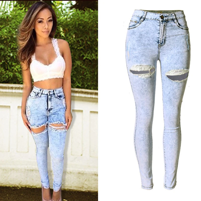 

Olrain Sexy Women High Waist Hole Ripped Denim Jeans Plus Size Denim Trousers
