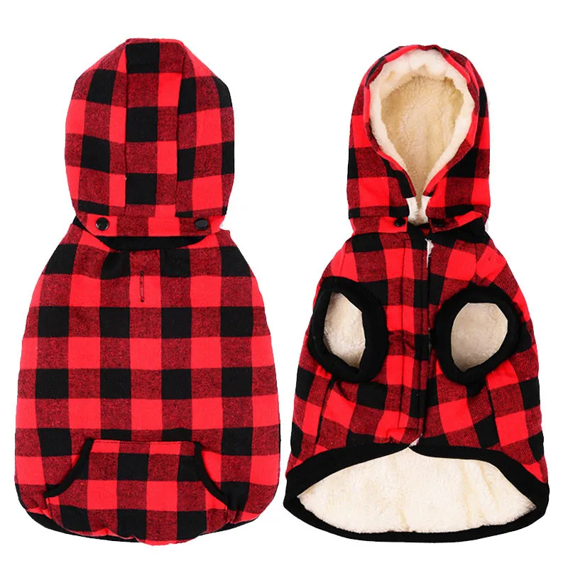 

GLORIOUS KEK Dog Clothes Jacket Winter Fleece Lining Dog Coat Warm Removable Hood Plaid Pet Clothes for Small Medium Large Dogs