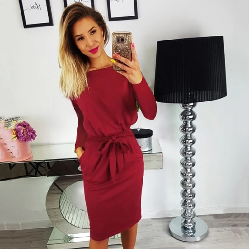 

2019 Autumn women bodycon dress long sleeve solid bandage dress fashion black belt elegant short dress women plus size CDR83