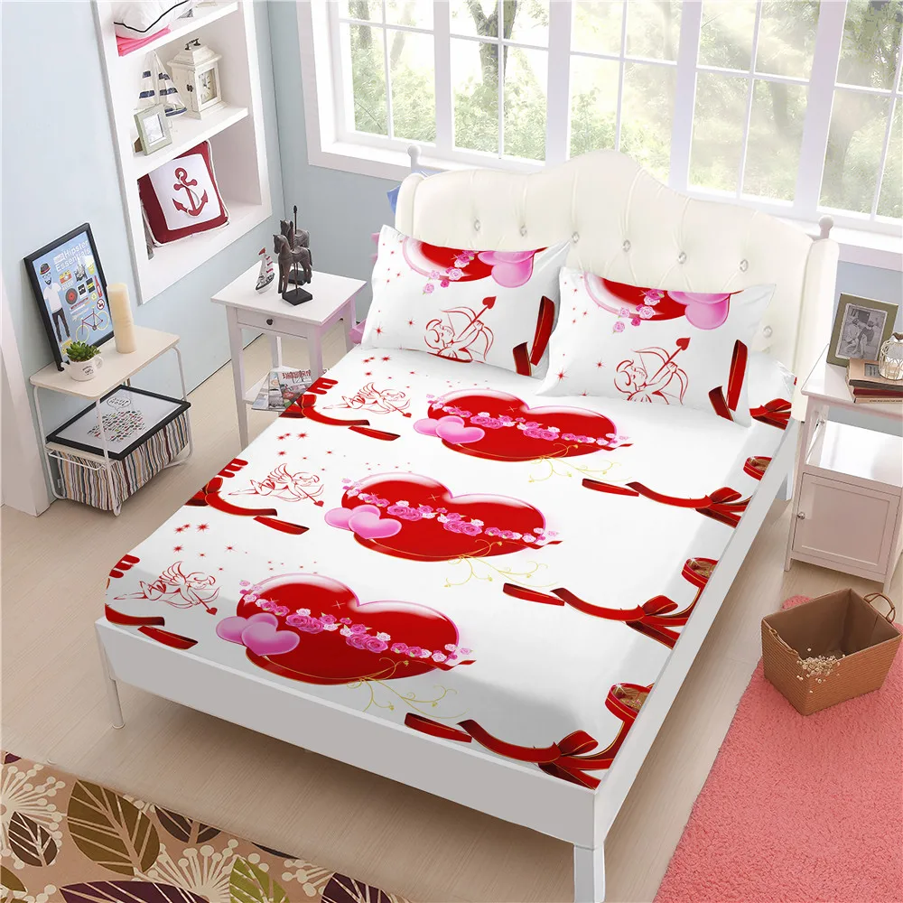 3D Red Heart Flowers Print Sheets Set Love Wedding Mattress Cover
