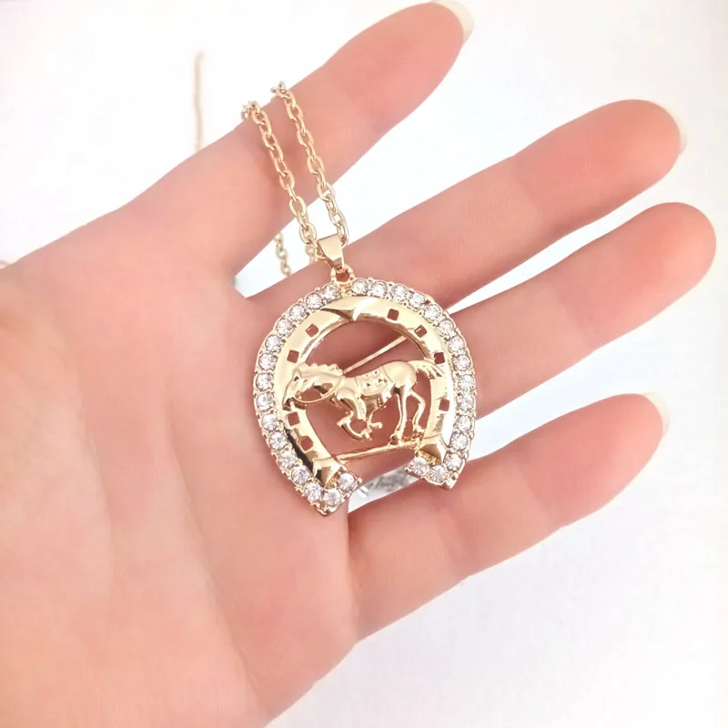 hzew crystal running horse and horseshoe pendant necklace horse