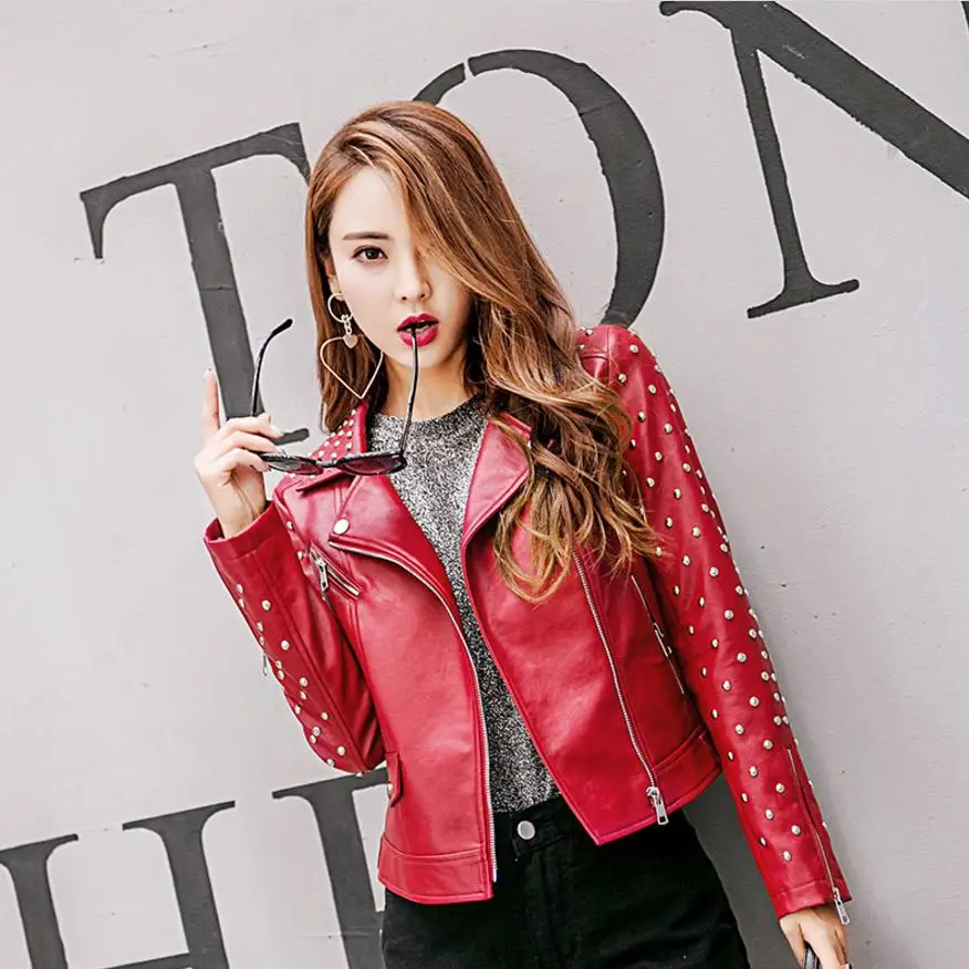 Était Manteau Pu Mince 2017 Rivet Femmes white L1016 Impression Automne Nouveau Brodé Black Moto Oversize red Slim Court Cuir Outwear Jaceket OBtO7qcxvw