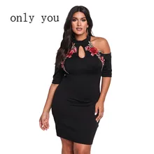 

ONLY YOU Rose Applique Embroidery Flower Plus Size Dress XXXL Black Cold Shoulder Bodycon Large Sexy Nightclub Dresses LC220129
