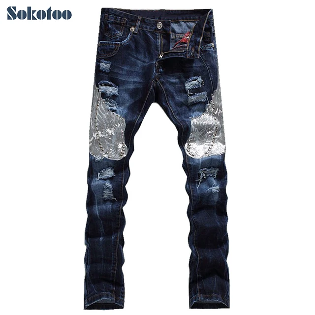 Sokotoo Men's fashion eagle wing embroidered denim pants Male casual ...