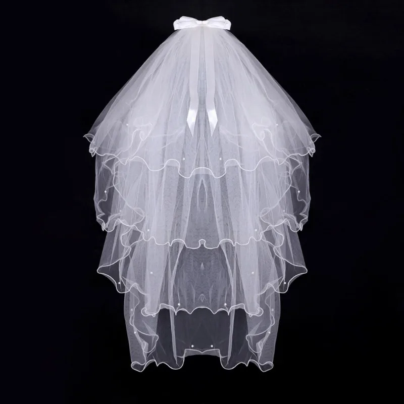 

Girl Bowknot 4 Layered Short Wedding Veils White Headband First Communion Decor