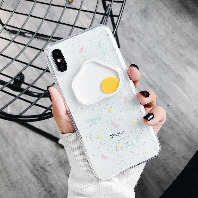 

For iPhone XS Max XR X 8 7 6 6S Plus Cover 3D Poached Fried Egg Glitter Clear Soft TPU Case